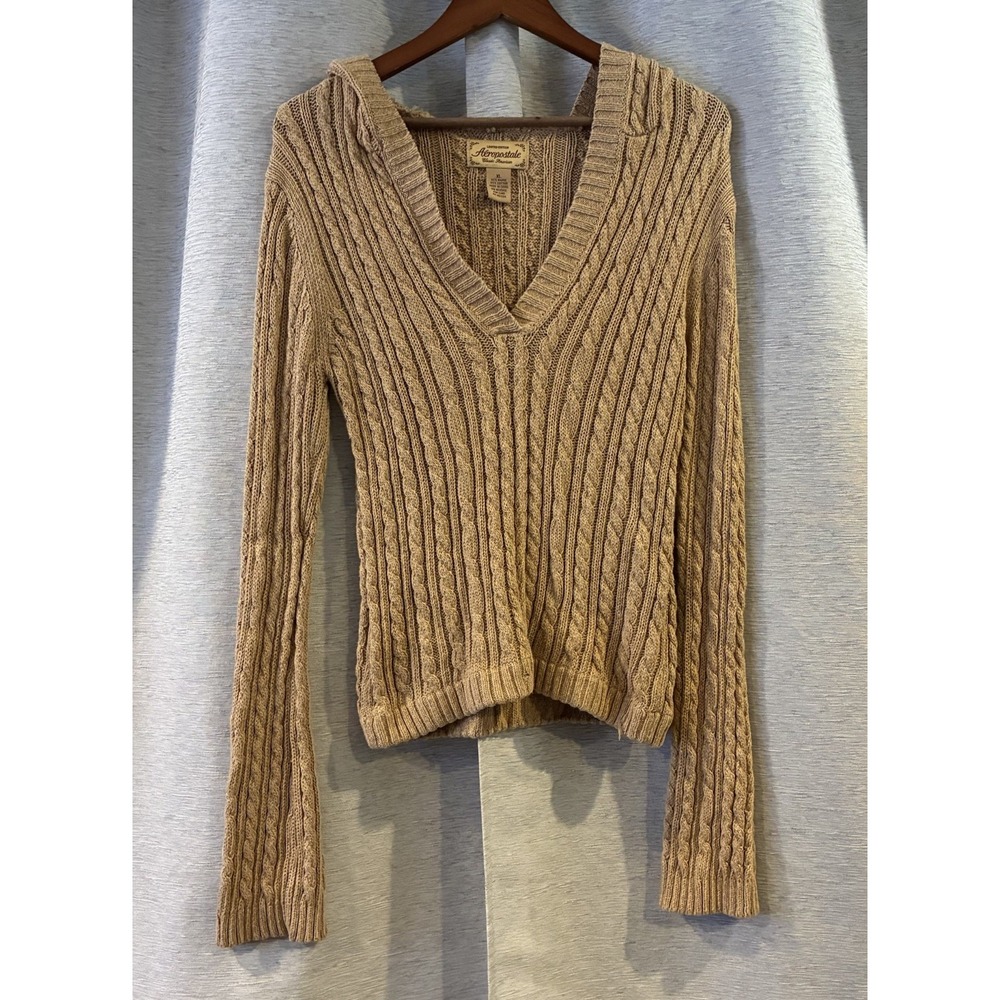 Aeropostale Tan Cable Knit Hooded‎ Sweater Size XL Y2K 2000s